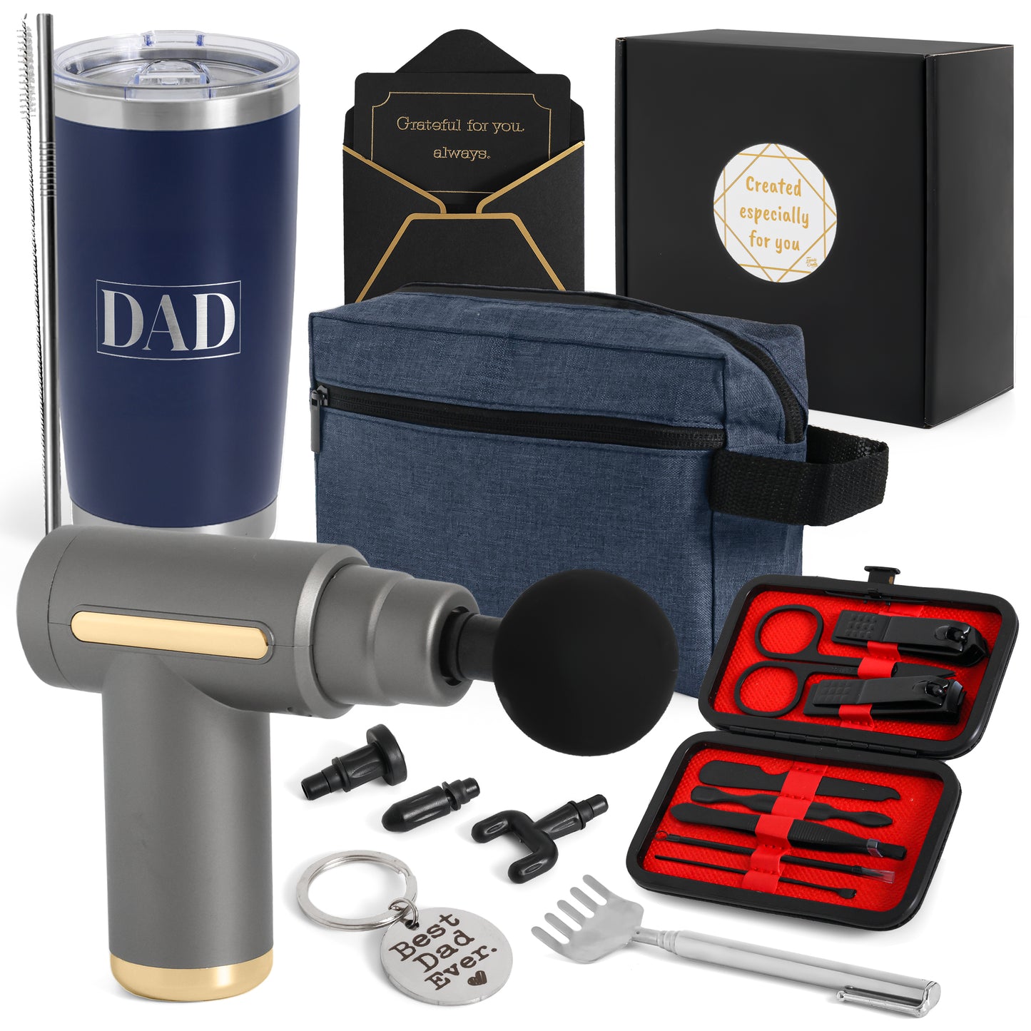 Gift Basket for Dad - 7-Piece Gift Set, Massage Gun, 20 Oz Tumbler, Toiletry Bag, Manicure Kit, Back Scratcher, Keyring & Card - Father’s Day, Birthday, Christmas, Feel Better Gifts