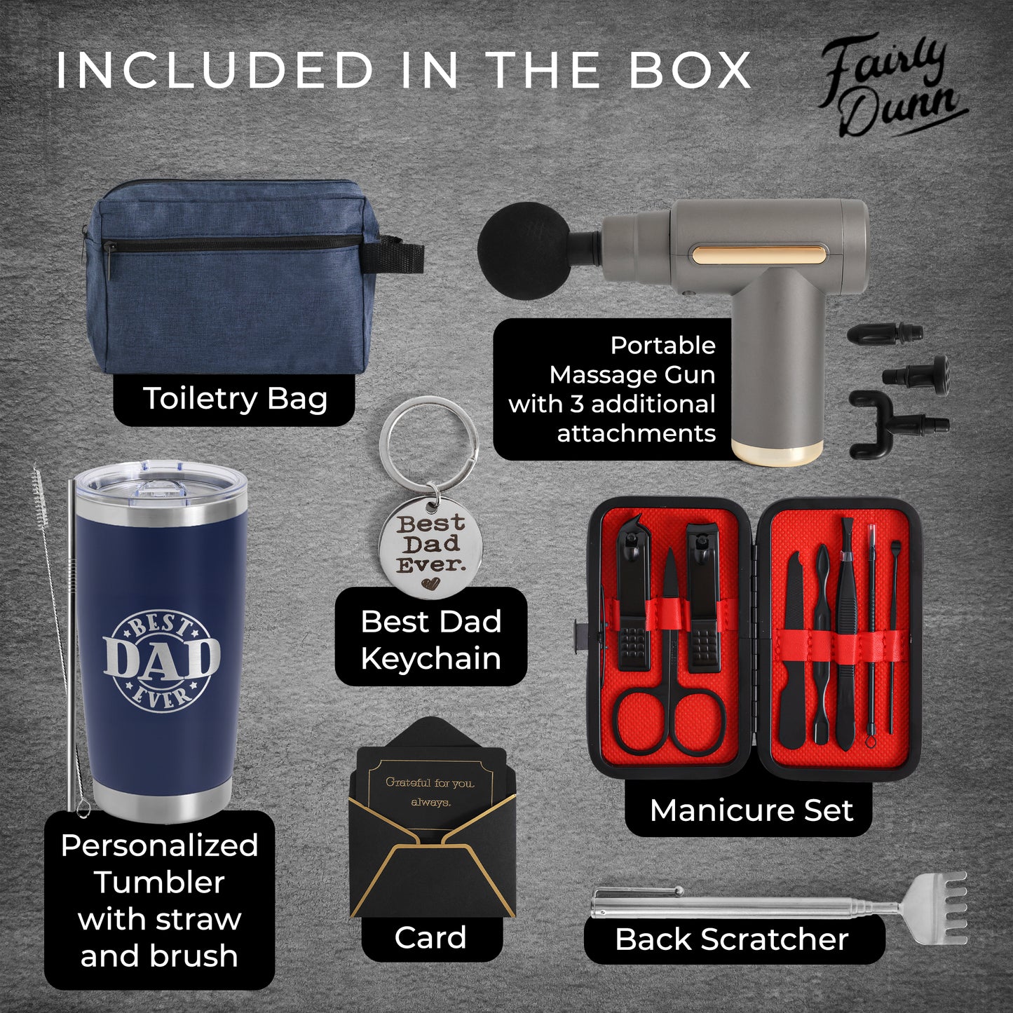 Gift Basket for Dad - 7-Piece Gift Set, Massage Gun, 20 Oz Tumbler, Toiletry Bag, Manicure Kit, Back Scratcher, Keyring & Card - Father’s Day, Birthday, Christmas, Feel Better Gifts