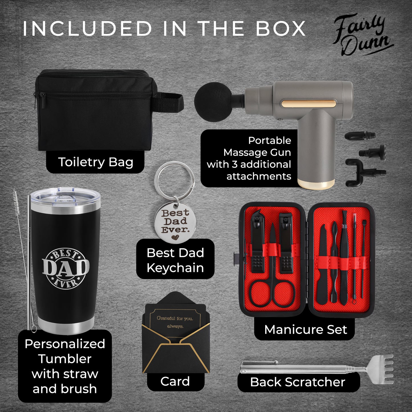 Gift Basket for Dad - 7-Piece Gift Set, Massage Gun, 20 Oz Tumbler, Toiletry Bag, Manicure Kit, Back Scratcher, Keyring & Card - Father’s Day, Birthday, Christmas, Feel Better Gifts