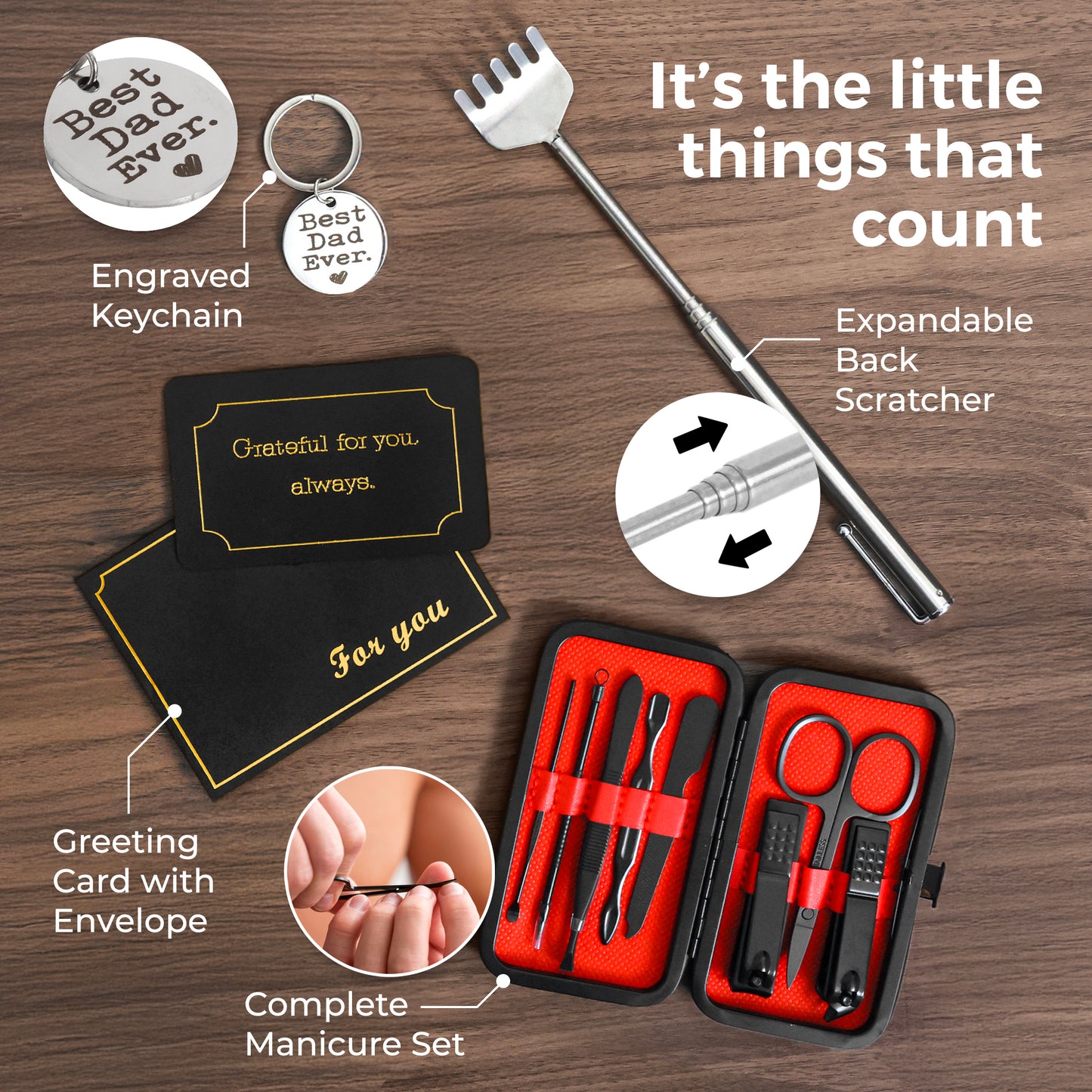 Gift Basket for Dad - 7-Piece Gift Set, Massage Gun, 20 Oz Tumbler, Toiletry Bag, Manicure Kit, Back Scratcher, Keyring & Card - Father’s Day, Birthday, Christmas, Feel Better Gifts