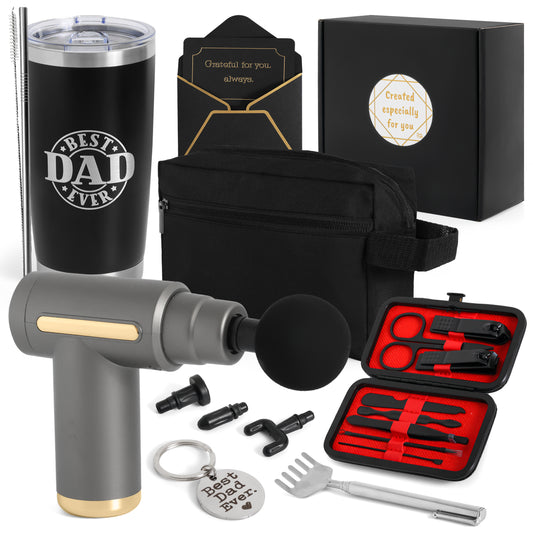 Gift Basket for Dad - 7-Piece Gift Set, Massage Gun, 20 Oz Tumbler, Toiletry Bag, Manicure Kit, Back Scratcher, Keyring & Card - Father’s Day, Birthday, Christmas, Feel Better Gifts