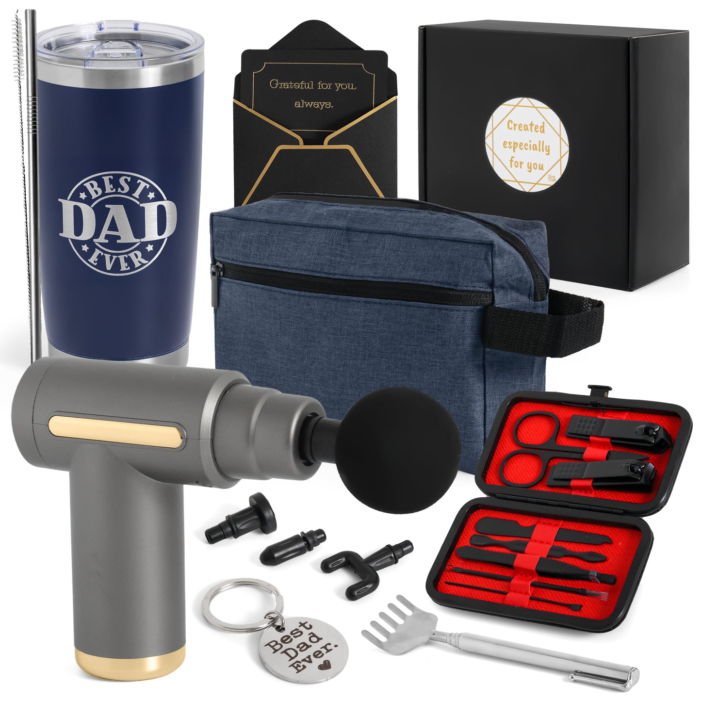 Gift Basket for Dad - 7-Piece Gift Set, Massage Gun, 20 Oz Tumbler, Toiletry Bag, Manicure Kit, Back Scratcher, Keyring & Card - Father’s Day, Birthday, Christmas, Feel Better Gifts
