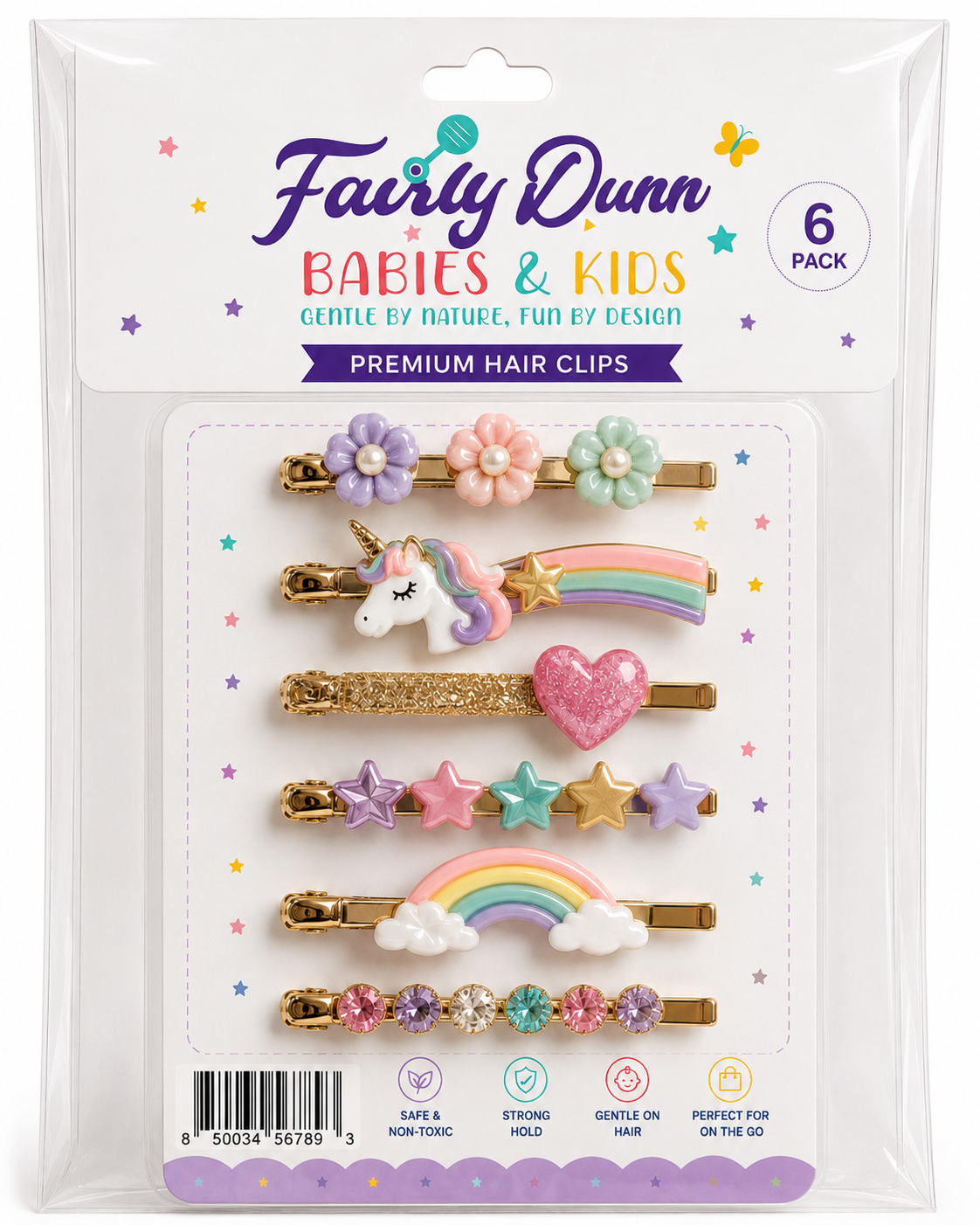 Rainbow & Unicorn Hair Clips for Girls – Premium Princess Barrettes (6 Pack)
