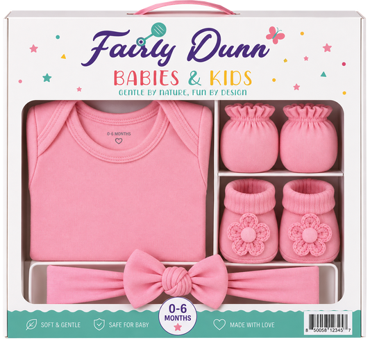 Baby Girl Gift Set – Soft Newborn Outfit, Mittens & Bow Headband (0–6 Months)